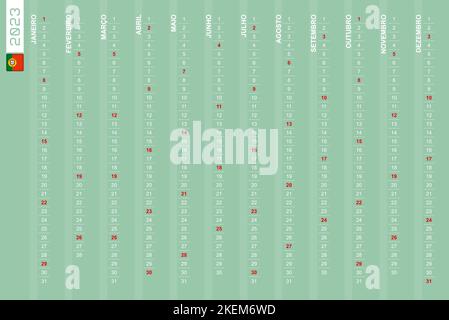 Einreihiger vertikaler Kalender für das Jahr 2023 auf Portugiesisch. Portugiesischer Kalender für 2023 mit hervorgehobenen Sonntagen. Vektorgrafik. Stock Vektor