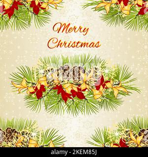 Nahtlose Textur Weihnachten und Neujahr dekorative Zweige mit Kieferkegel mit goldenen und roten Weihnachtsstern vintage Vektor Illustration editierbare Hand Stock Vektor