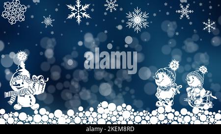 Lustige Schneemänner mit Weihnachtsgeschenken. Urlaub Zeichentrickfigur in der Wintersaison. Frohe weihnachten und glückwunschkarte für das neue Jahr mit Kopierplatz Stockfoto