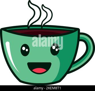 Eine süße Illustration einer fröhlichen und lächelnden grünen Kaffeetasse Stock Vektor