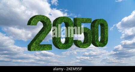 Zahlen 2050 aus Gras. Ein Symbol für nachhaltige Entwicklung und den vollständigen Übergang zu erneuerbaren Energien bis zum Jahr 2050. Stockfoto