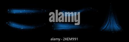 Frischer oder frostiger Luftstrom isoliert auf schwarzem Hintergrund eingestellt. Realistische Vektordarstellung von abstrakten neonblauen Wellen mit Funkeln. Kalter Wind weht Stock Vektor