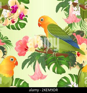 Nahtlose Textur Papageien-Vogelleufel Agapornis tropische Vögel stehen auf einem Ast und Hibiskus und Brugmansia mit gelben Orchideen vintage Vektor illustrr Stock Vektor