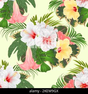 Nahtlose Textur Bouquet mit tropischen Blumen Blumenarrangement, mit rosa gelben und weißen Hibiskus und Brugmansia Palme, Philodendron Jahrgang Stock Vektor