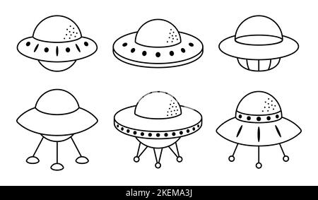 Sammlung von Umriss Alien fliegenden Untertassen. UFO-Konturdarstellung isoliert auf weißem Hintergrund. Vektorgrafik. Stock Vektor