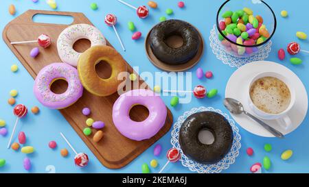 Leckere Donuts mit Schokolade, Braun und Erdbeere. Serviert auf dem Holzbrett und weißer Serviette. Dekoriert mit bunten Süßigkeiten und einer Tasse Kaffee Stockfoto