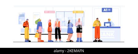 Schlange an der Bank, Leute stehen in Reihe mit dem Arbeiter an der Rezeption. Männer und Frauen warten in der Schlange, die Zahlungen und Geldtransfers leisten, Finanzbankgeschäfte Stock Vektor