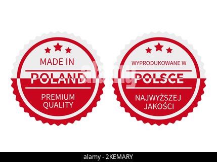 In Polen hergestellte runde Etiketten in englischer und polnischer Sprache. Vektorsymbol für Qualitätsmarken. Perfekt für Logo-Design, Tags, Abzeichen, Aufkleber, Emblem, pro Stock Vektor