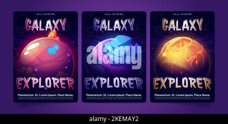 Satz von Planetarium-Bannervorlagen. Cartoon Vektordarstellung von außerirdischen Planeten, die mit Neonkratern vor dem Hintergrund des dunklen Sternenhimmels leuchten. Platz Stock Vektor
