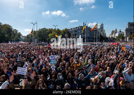 Madrid, Spanien. 13.. November 2022. Tausende von Demonstranten werden während einer Demonstration zur Verteidigung des öffentlichen Gesundheitssystems gesehen. Etwa 200.000 Menschen sind zum Cibeles-Platz marschiert, um gegen die Verwaltung des Primary Care Service von Madrid zu protestieren. Quelle: Marcos del Mazo/Alamy Live News Stockfoto