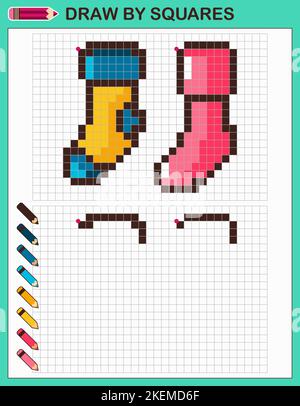Zeichnen Sie Socken an Quadraten. Kopieren Sie das Bild. Spiel für Kinder. Stock Vektor