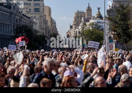 Madrid, Spanien. 13.. November 2022. Tausende von Demonstranten gehen in das Zentrum von Madrid, um gegen den Abbau der medizinischen Grundversorgung zu demonstrieren. (Foto von Guillermo Gutierrez Carrascal/SOPA Images/Sipa USA) Quelle: SIPA USA/Alamy Live News Stockfoto