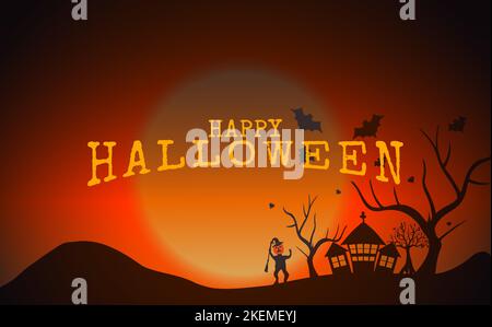 Happy halloween, mit Zombies, altes Haus und blattlosen Baum, gruseligen Vollmond am Nachthimmel realistische Illustration Stock Vektor