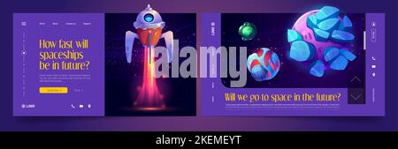 Platz zum Erkunden von Landing-Page-Vorlagen. Cartoon Vektor-Illustration von fantastischen Raumschiff, Rakete, Planeten und Planeten fliegen in dunklen Sternen Stock Vektor
