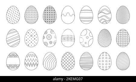 Symbole der Ostereier-Linie. Schwarze Skizze Doodle Stil für egghunting Dekoration, einfache minimalistische Dekor für Urlaub Grußkarte. Vektor-Set von ostern Umriss Doodle Skizze Illustration Stock Vektor