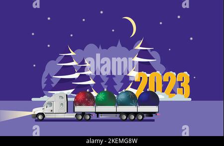 Bunte Grußkarte für Frohe Weihnachten und Frohes neues Jahr. 2023 Jahre. Konzept für den Ladetransport Stock Vektor
