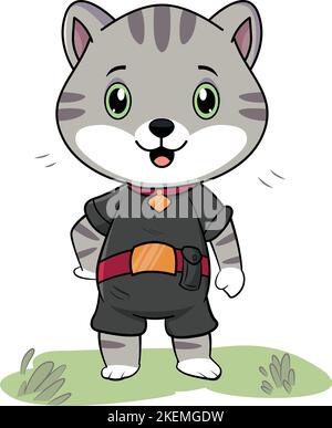 Das Design einer niedlichen grauen Tabby-Katze, die auf dem Grasgrund in einem schwarzen Kostüm steht Stock Vektor