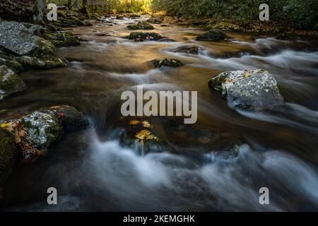 Felsen und Wasser im Oconaluftee River im Great Smoky Mountains National Park Stockfoto