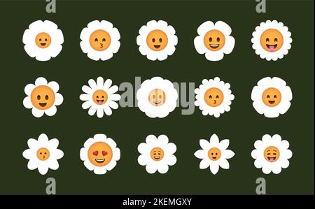 Cartoon Gänseblümchen Blume. Lustige Comic Kamille Ikonen mit niedlichen lächelnden Gesichtern, groovig fröhlich floralen Figuren modernen Sticker-Design. Vektor bunte Reihe von Blumen Gänseblümchen Frühling Doodle Illustration Stock Vektor