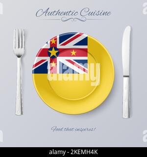 Authentische Küche von Niue. Teller mit Niuen Fahne und Besteck Stock Vektor