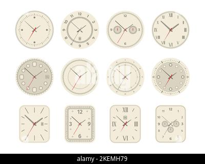 Analoges Zifferblatt. Mechanisches Zifferblatt mit arabischen römischen Ziffern Second-Minute-Zeiger, Uhrenset mit Chronometer-Uhrzeitsymbol. Vektor-Sammlung von Uhr analoge Abbildung Stock Vektor