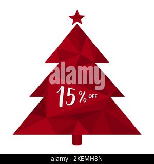 15 % RABATT. 35 % Rabatt. Trend Triangle 3D Roter Weihnachtsbaum. Handschriftliche kalligrafische Zahlen. Für Weihnachten, Neujahr, WINTERANGEBOT. Stock Vektor