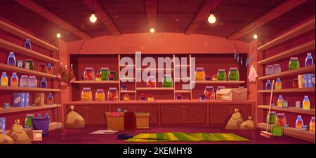 Speisekammer im Keller, Abstellraum mit Konserven in Gläsern und Flaschen auf Regalen, Kisten mit Gemüse, Säcke, Besen und Eimer. Baseme Stock Vektor