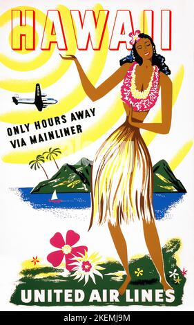 Hawaii. Nur Stunden entfernt über Mainliner. United Air Lines. Künstler unbekannt. Poster veröffentlicht im 1950s. Stockfoto