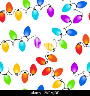 Weihnachten Lichter Hintergrund. Nahtloses Muster mit farbenfroher Girlande aus Glühbirnen. Stock Vektor
