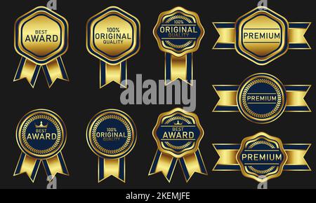 Sammlung von Illustrationen von luxuriösen dunkelblauen und goldenen Abzeichen Design-Elementen, Medaillen, Etiketten, Siegel, Abzeichen und Ornamenten Stock Vektor