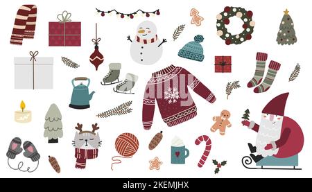 Gemütliches Weihnachtsset. Handgezeichnetes noel Sticker-Paket. Vektor Weihnachten Design-Elemente Stock Vektor