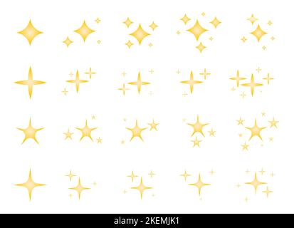 Gold funkelt Sterne gesetzt. Verschiedene Formen von hellen Feuerwerk glänzendes Funkeln, magisches Funkeln, Sonnenblendung Dekoration. Leuchtendes Licht, Blitzeffekt. Sternenhimmel. Funkenflug-Explosion Stock Vektor