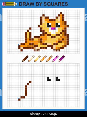 Zeichnen Sie die Katze durch Quadrate. Kopieren Sie das Bild. Spiel für Kinder. Stock Vektor