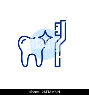 Glänzender Zahn mit Zahnbürste. Zahnpflege. Pixel Perfect, bearbeitbares Kontursymbol Stock Vektor