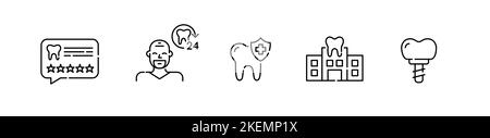 Satz von Symbolen der Zahnklinik. 5-Sterne-Bewertung, 24-Stunden-Zahnarzt, Schutzschild und Implantat. Pixelgenaue, bearbeitbare Kontur Stock Vektor