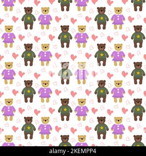 Bär und Bärin. Muster nahtlos mit Teddy und Herzen. Vektorgrafik. Stock Vektor