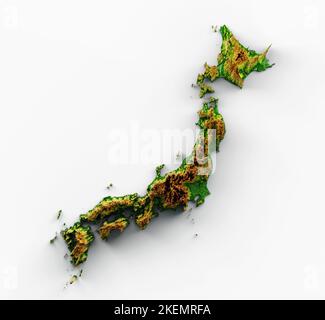 Eine darstellung einer Japan-Karte aus dem jahr 3D mit schattiertem Relief, isoliert auf weißem Hintergrund Stockfoto