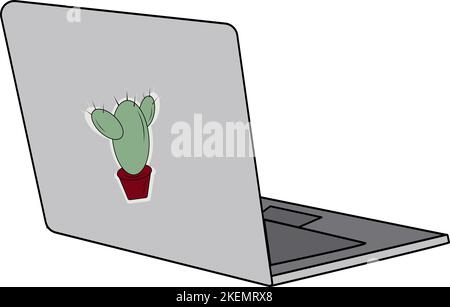 Isometrischer Laptop in Grautönen mit einem farbigen Aufkleber auf dem Deckel in Form eines Kaktus. Aufkleber. Symbol. Isolieren. Geeignet für Banner, Label, Tapete, Poster, Postkarte oder Preisschild. Vektor. EPS Stock Vektor