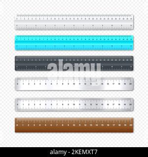 Realistische verschiedene Metall- und Kunststofflineale mit Messskala und -Teilung, Messmarken. Schule Lineal, Zentimeter-und Zoll-Skala für die Länge Stock Vektor