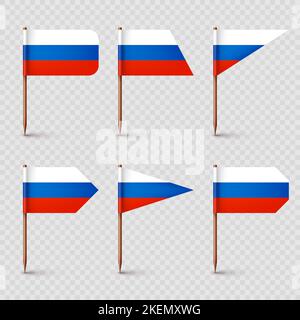 Realistische verschiedene russische Zahnstocher-Flaggen. Souvenir aus Russland. Zahnstocher aus Holz mit Papierfahne. Positionsmarke, Kartenzeiger. Leeres Modell für Stock Vektor