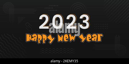 Frohes neues Jahr 2023 - Banner, Poster oder Titelbild für das Jahr 2023 Postkartendesign mit bunten Winter-Ikonen Stock Vektor