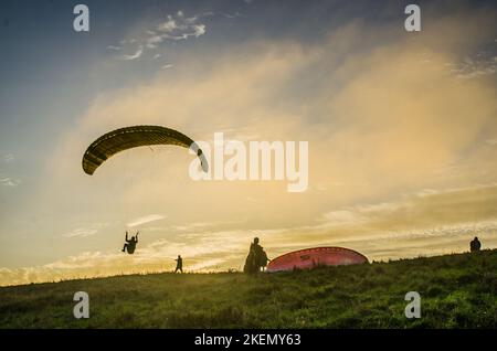 Beachy Head, Eastbourne, East Sussex, Großbritannien. 13.. November 2022. Der Südwind bringt Gleitschirmflieger wieder an den herrlichen Ort an den Sussex Downs westlich von Eastbourne. Kredit: David Burr/Alamy Live Nachrichten Stockfoto