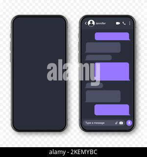 Realistisches Smartphone mit Messaging-App. Leerer SMS-Textrahmen. Chat-Bildschirm mit violetten Nachrichtenblasen. Social-Media-Anwendung. Vektor Stock Vektor