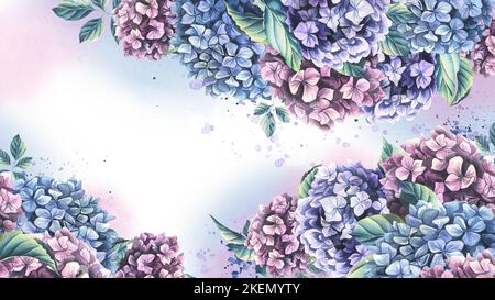 Blanko-Design mit Hortensien-Blüten und Blättern auf weißem Hintergrund mit Waschungen und Farbspritzern. Aquarelldarstellung. Eine Vorlage aus dem Stockfoto