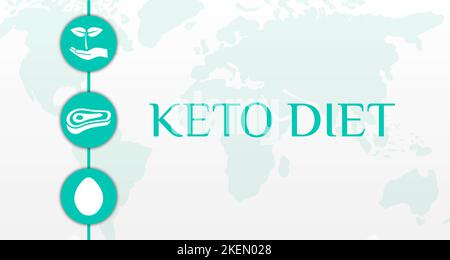 Keto Ernährung Hintergrund Illustration Banner mit Ei, Fleisch und Pflanzen-Ikonen und Weltkarte Stock Vektor