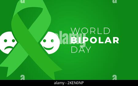 Welt Bipolar Tag Illustration mit traurig und glückliches Gesicht und grünes Band Stock Vektor
