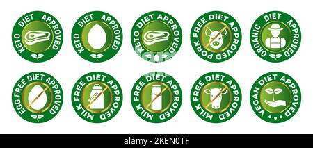 Keto Diet Approved, Schweinefleisch frei, Bio, Ei, Milch und Vegan Zertifikat Abzeichen Symbol in Gold und Grün Farben Stock Vektor