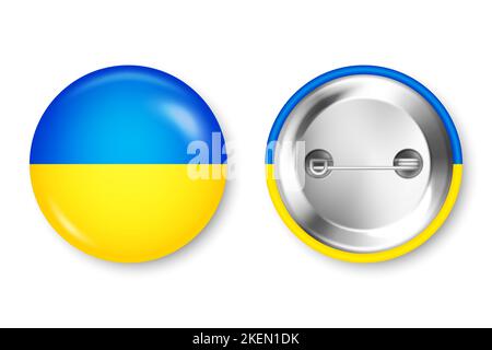 Realistisches Knopfabzeichen mit bedruckter ukrainischer Flagge. Souvenir aus der Ukraine. Glänzendes Pin-Emblem mit glänzendem Metallverschluss. Produktmockup für Werbung und Stock Vektor