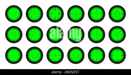 Verschiedene Waffen Nachtsicht, Scharfschützengewehr optische Scopes. Jagdgewehr-Sucher mit Fadenkreuz. Ziel, schießen Marke Symbol. Militärisches Zielschild Stock Vektor