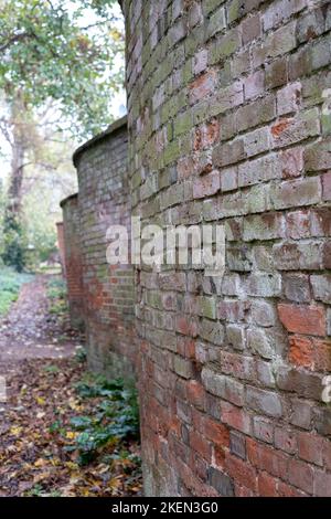 Eine ungewöhnliche, historische, krinklige Gartenwand, fotografiert in Wheathampstead, Hertfordshire, Großbritannien. Stockfoto